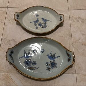Handcrafted Ceramic Serving Dishes with Blue Bird Motif